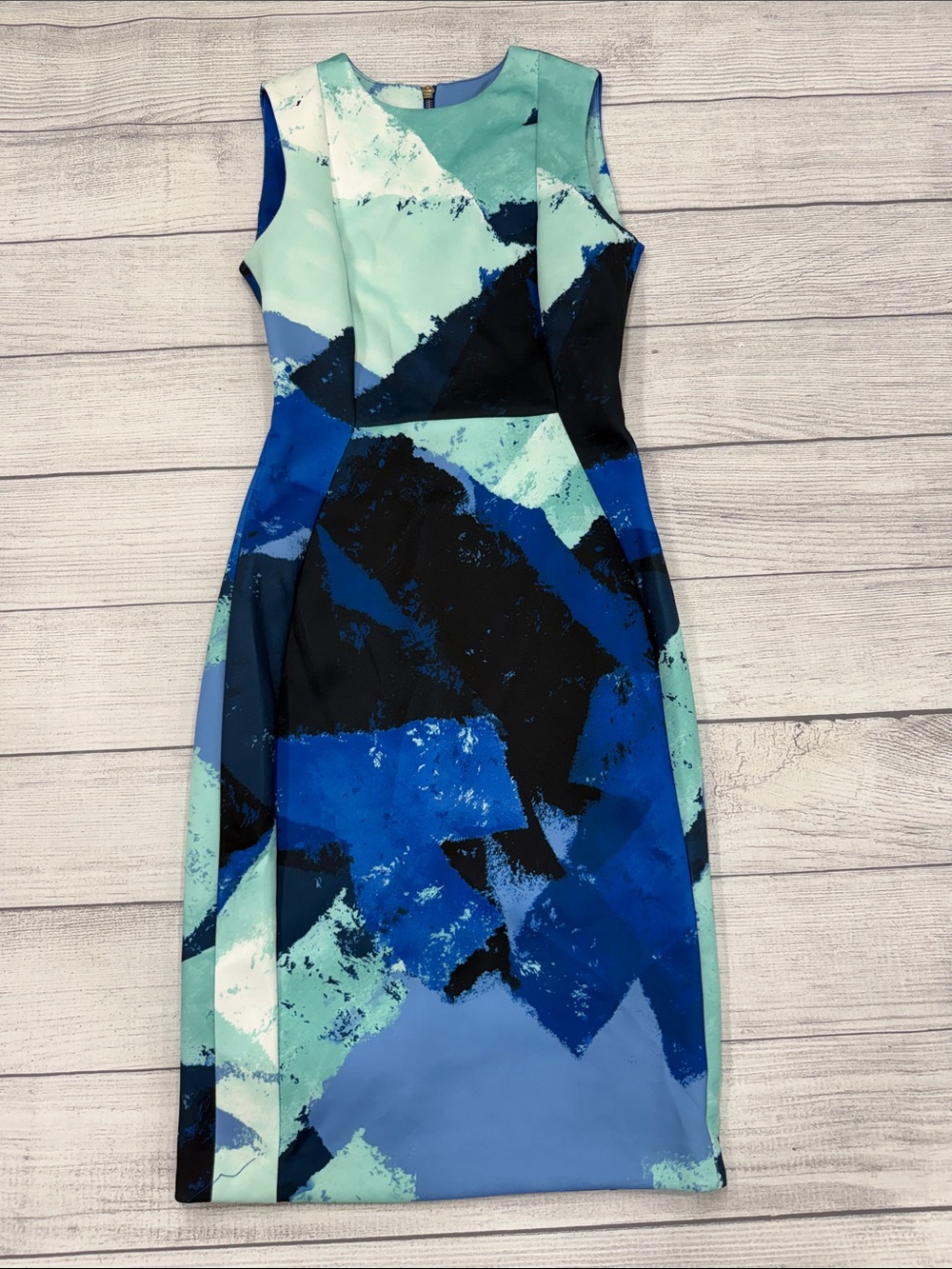 Calvin Klein Blue Abstract Print Sheath Dress Size 0 Sleeveless Career